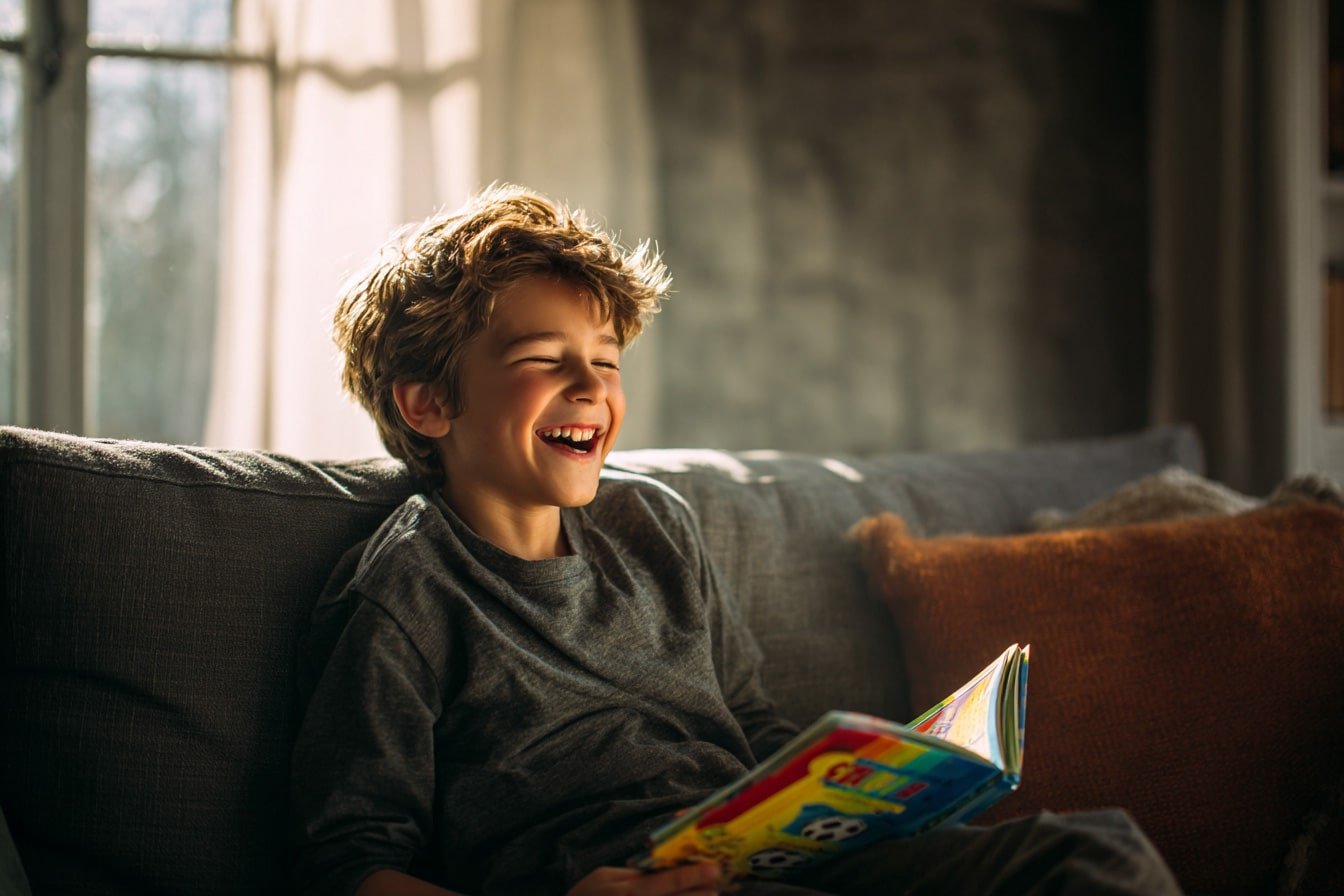 bambino ride mentre legge